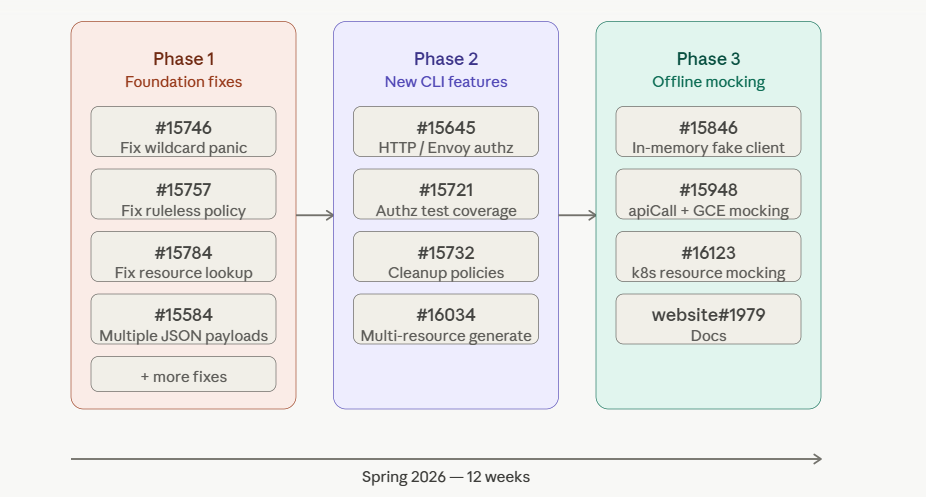 Mentorship timeline: twelve weeks across three phases — foundation fixes, new CLI features, and offline mocking